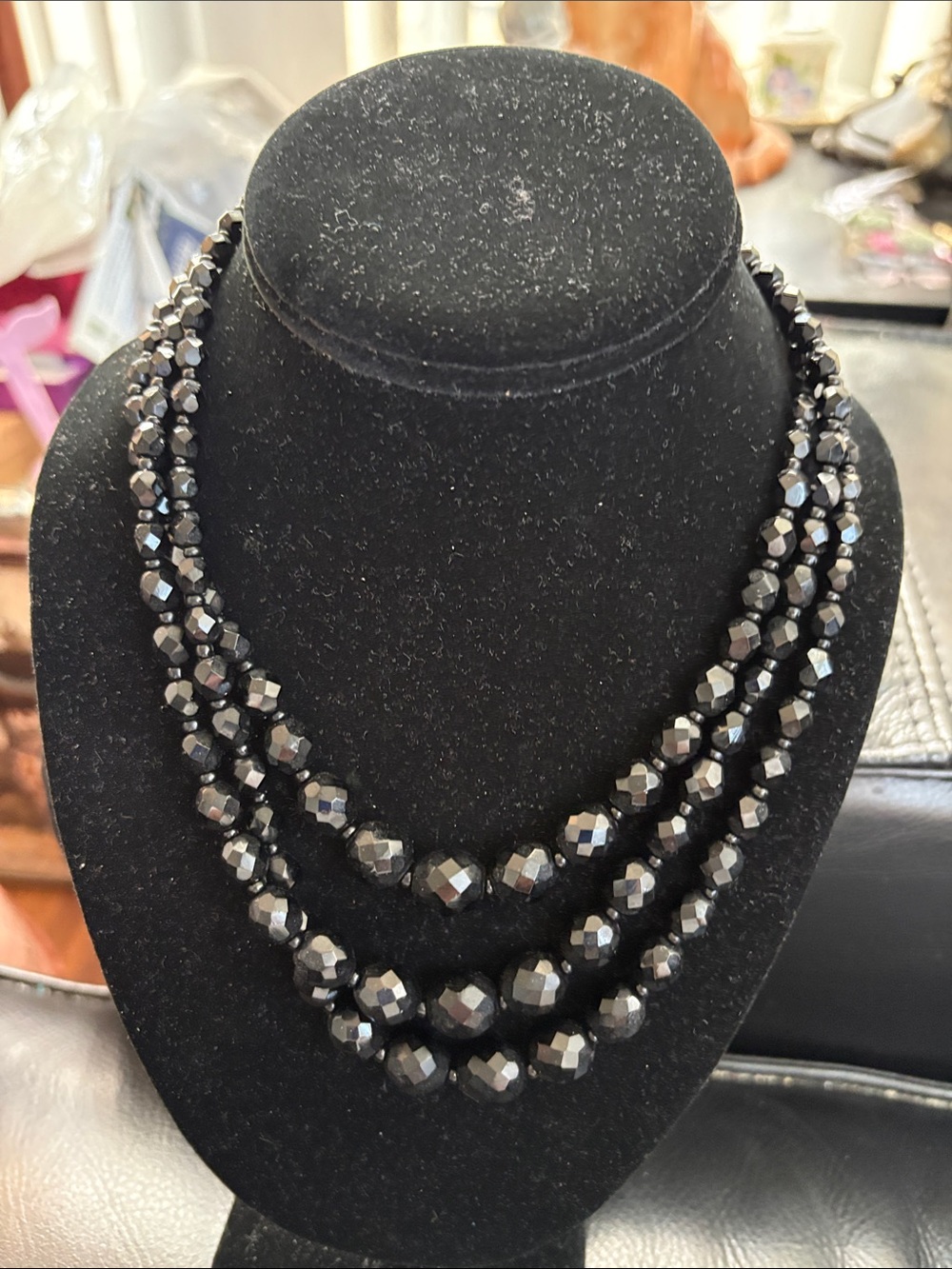Vintage French Jet Glass Beaded Triple Faceted Beads . 1950